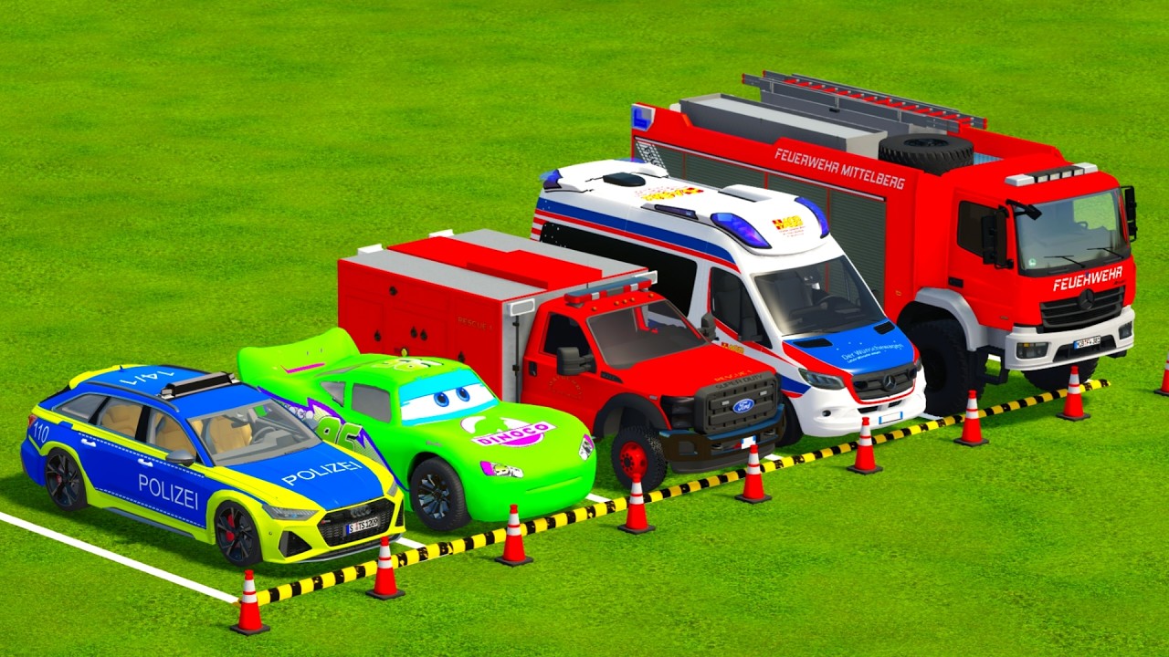 DACIA, MCQUEEN CAR سيارة ماكوين FORD POLICE CARS, AMBULANCE EMERGENCY TRANSPORTING WITH TRUCKS! FS22