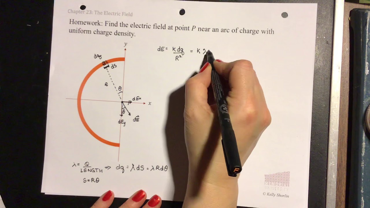 P2055: electric fields and forces, electric field near half arc of charge