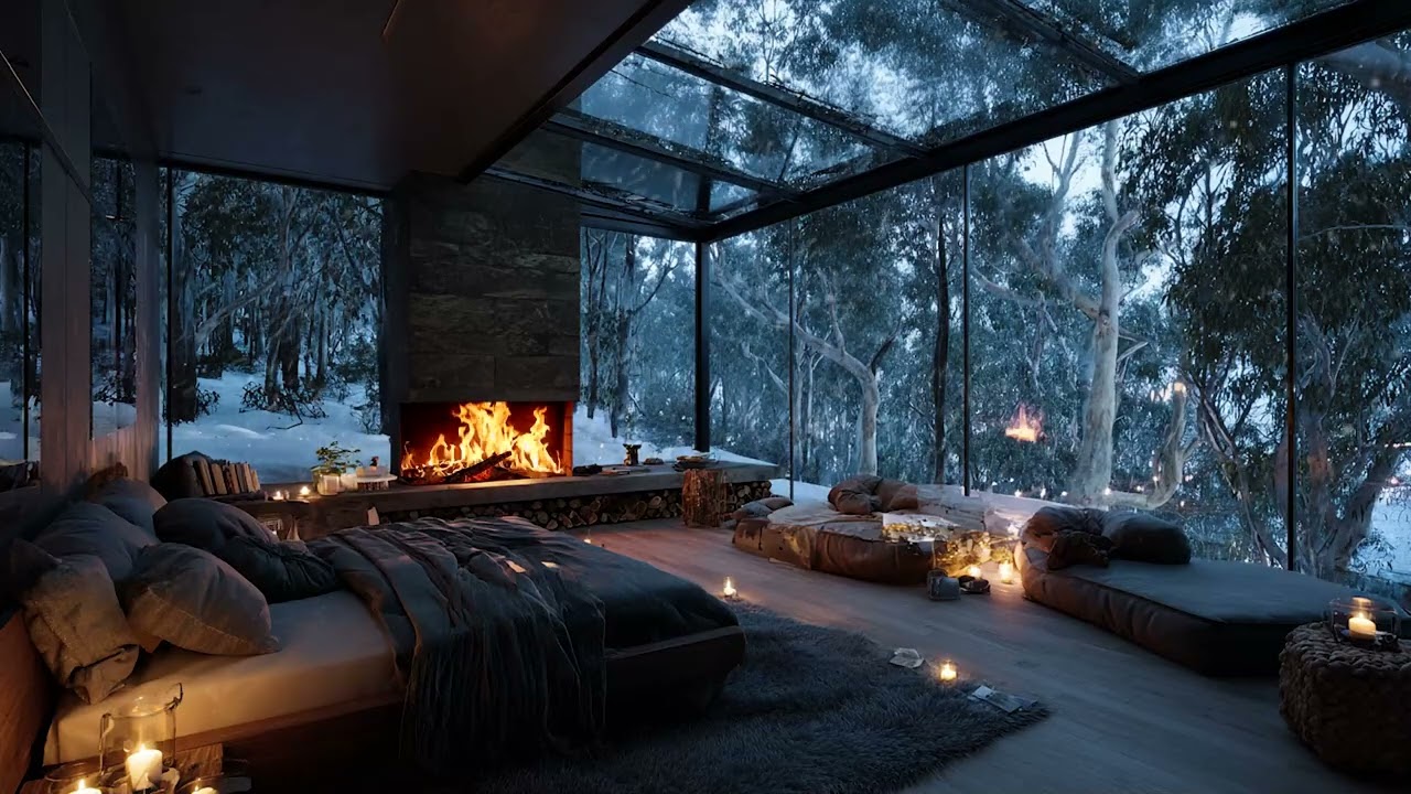Winter Snow Wind with Cozy Fireplace for Insomnia Healing, Anxiety Relief and Restful Sleep