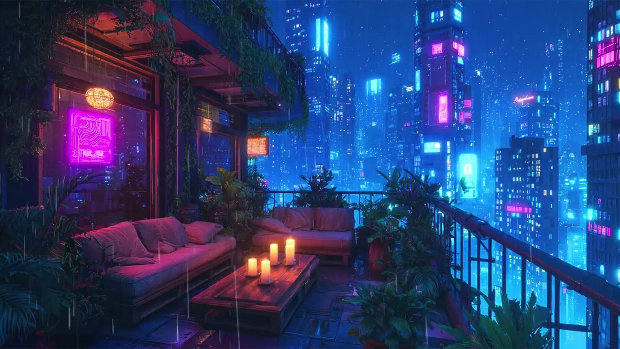 Calm Beats from a Trailer Balcony Above Neon City | For Study, Sleep, or Relaxation | 4K