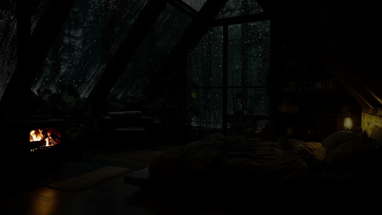 No Ads🎧FALL ASLEEP INSTANTLY😴Mountain Rain- Thunderstorm Sounds🔥Relaxing,Warm Fire for Ultimate Calm