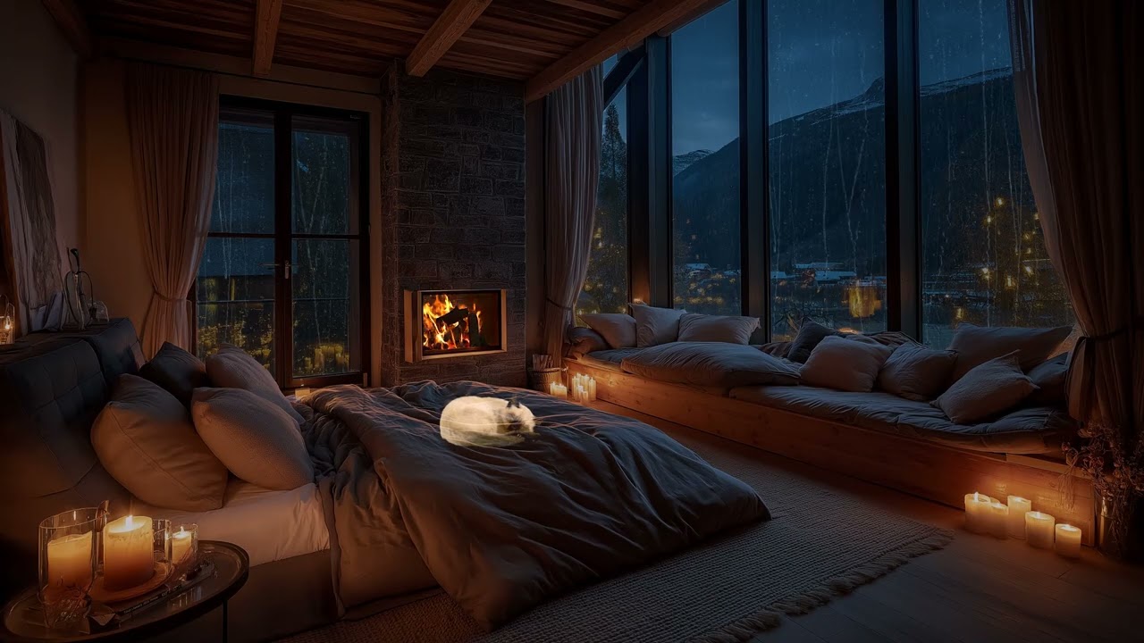 🌧️🔥 Cozy Loft Bedroom | Rain & Crackling Fireplace for Deep Sleep