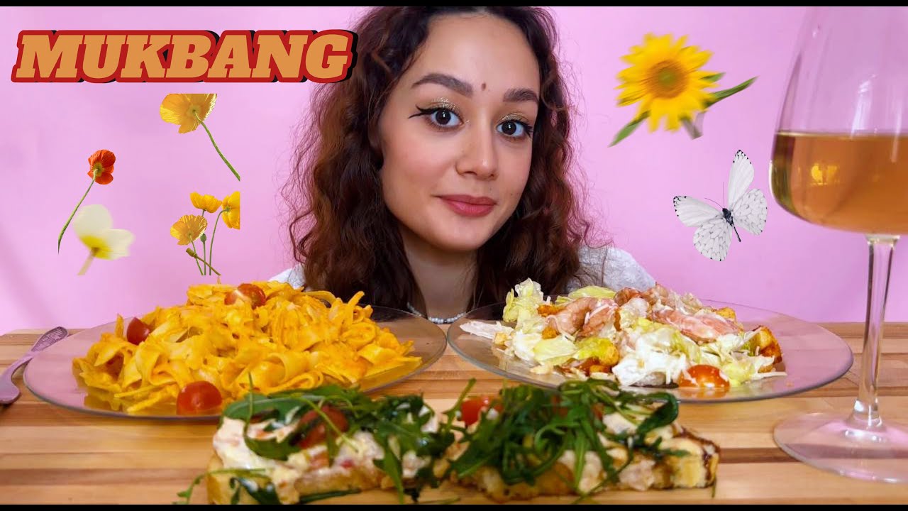 ПРАЗДНИЧНЫЙ MUKBANG 🦐 ПАСТА СО СТРАЧАТЕЛЛОЙ И КРЕВЕТКАМИ 🍝  ЦЕЗАРЬ С КРЕВЕТКАМИ 🥗/ ЖЕНСКИЙ ДЕНЬ 🌷