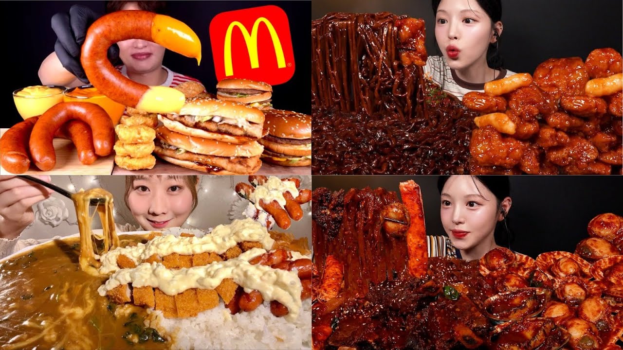 GIANT MUKBANG FEAST 🍔🌭🍜 | Burgers, Sausages, Noodles & Spicy Chicken