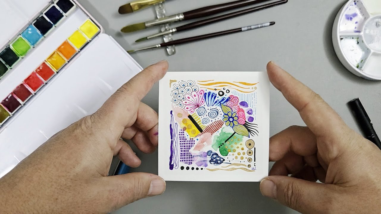 Easy Tiny Watercolor Zentangle Art | Relaxing Mini Zentangle Drawing