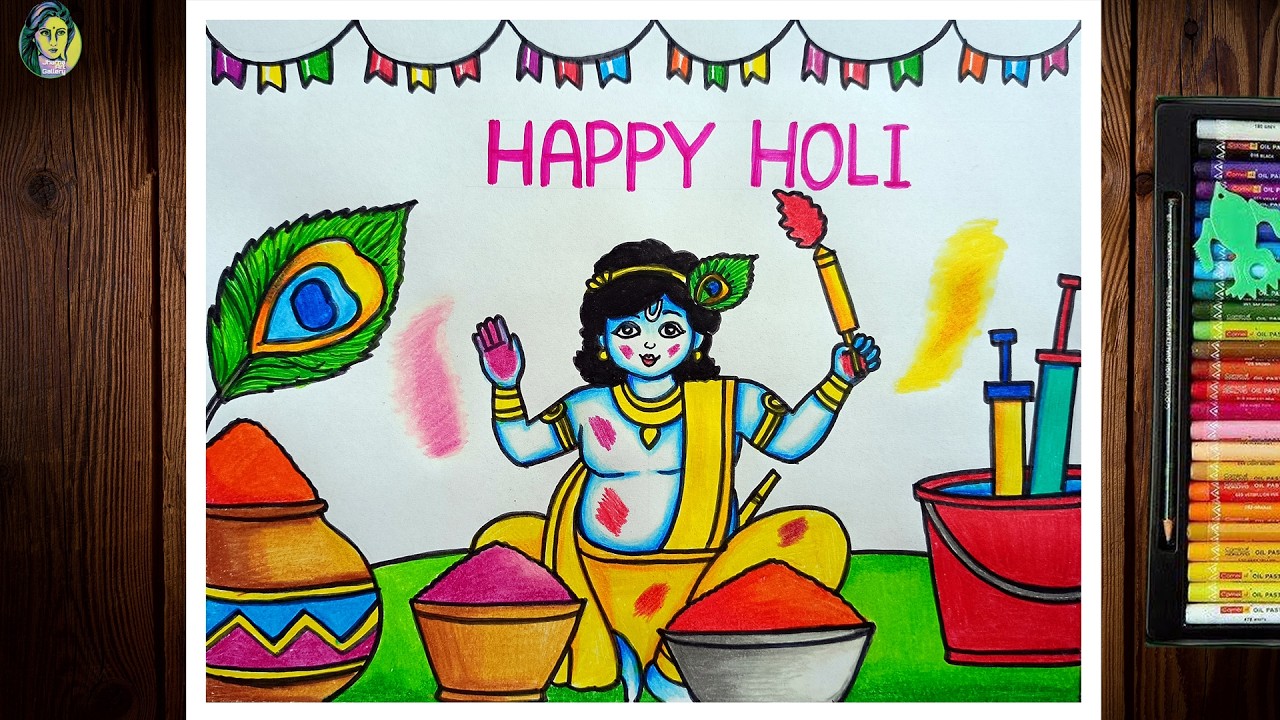 Happy Holi Drawing | Holi Special Little Krishna Drawing Easy | Holi Festival Drawing Step By Step