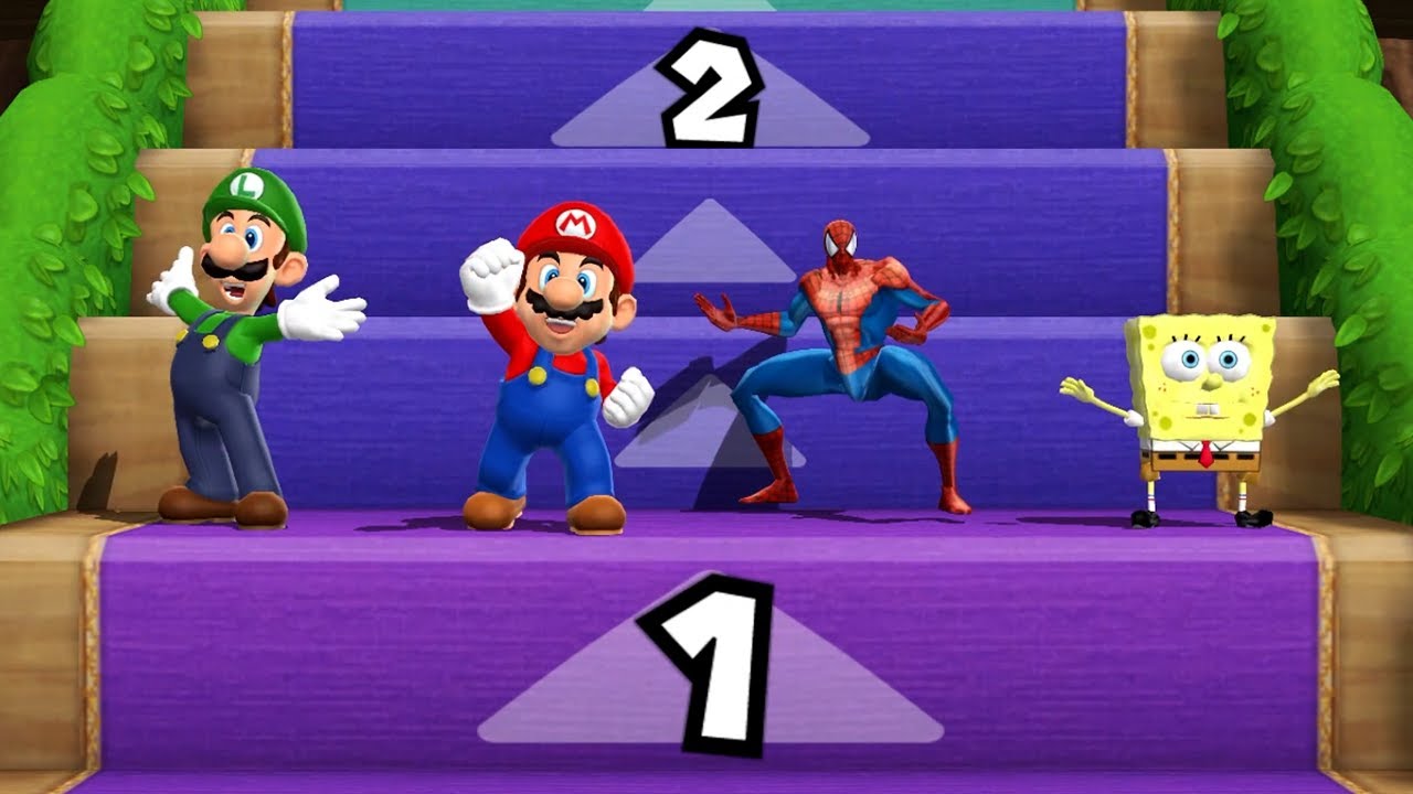 Mario Party 9 MInigames - Luigi Vs Mario Vs Spider Man Vs Spongebob (Master Difficulty)