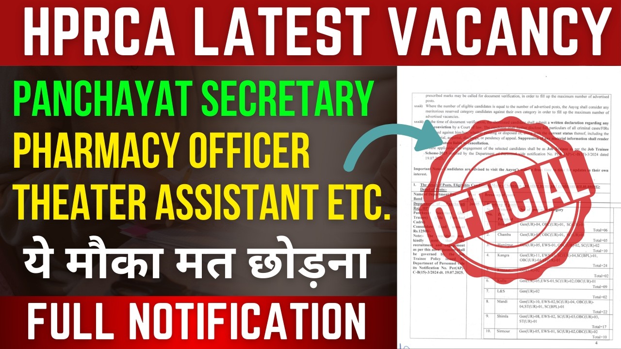 HPRCA Latest Recruitment 2026 !! Panchayat Secretary, Pharmacist and other !! Must Watch !!
