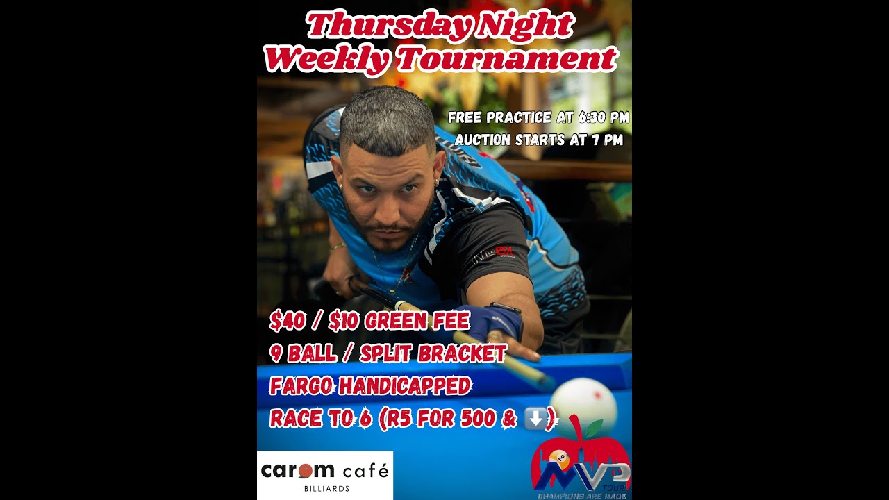 Thursday Night Weekly 9-Ball Tournament at Carom Cafe Billiards 2/19/26