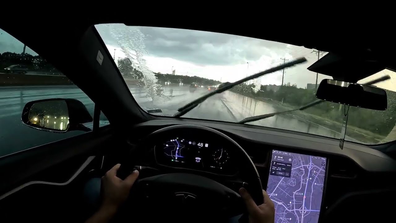 Driving Tesla in heavy Rain  : ASMR POV Drive With Binaural Audio