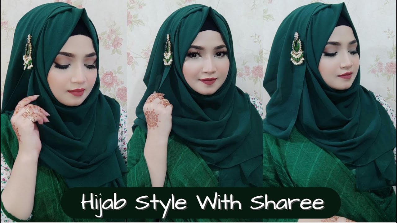 Hijab Style With Sharee & Dangle Pin 2022 💚 শাড়ির সাথে হিজাব পড়ার স্টাইল 💚 #Nipa