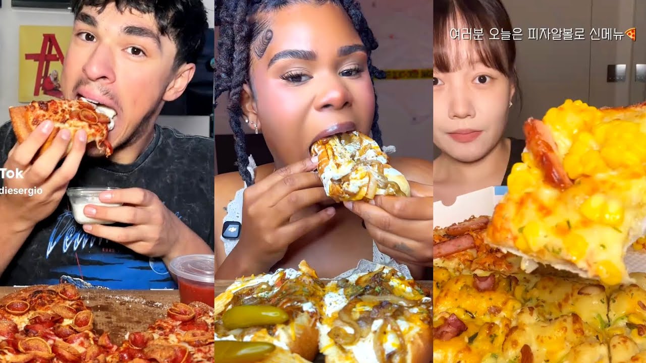 TIKTOK MUKBANG COMPILATION PEPPERONI PIZZA CHILI CHEESE DOGS FIVE GUYS CHIPOTLE BURRITO TACO BELL