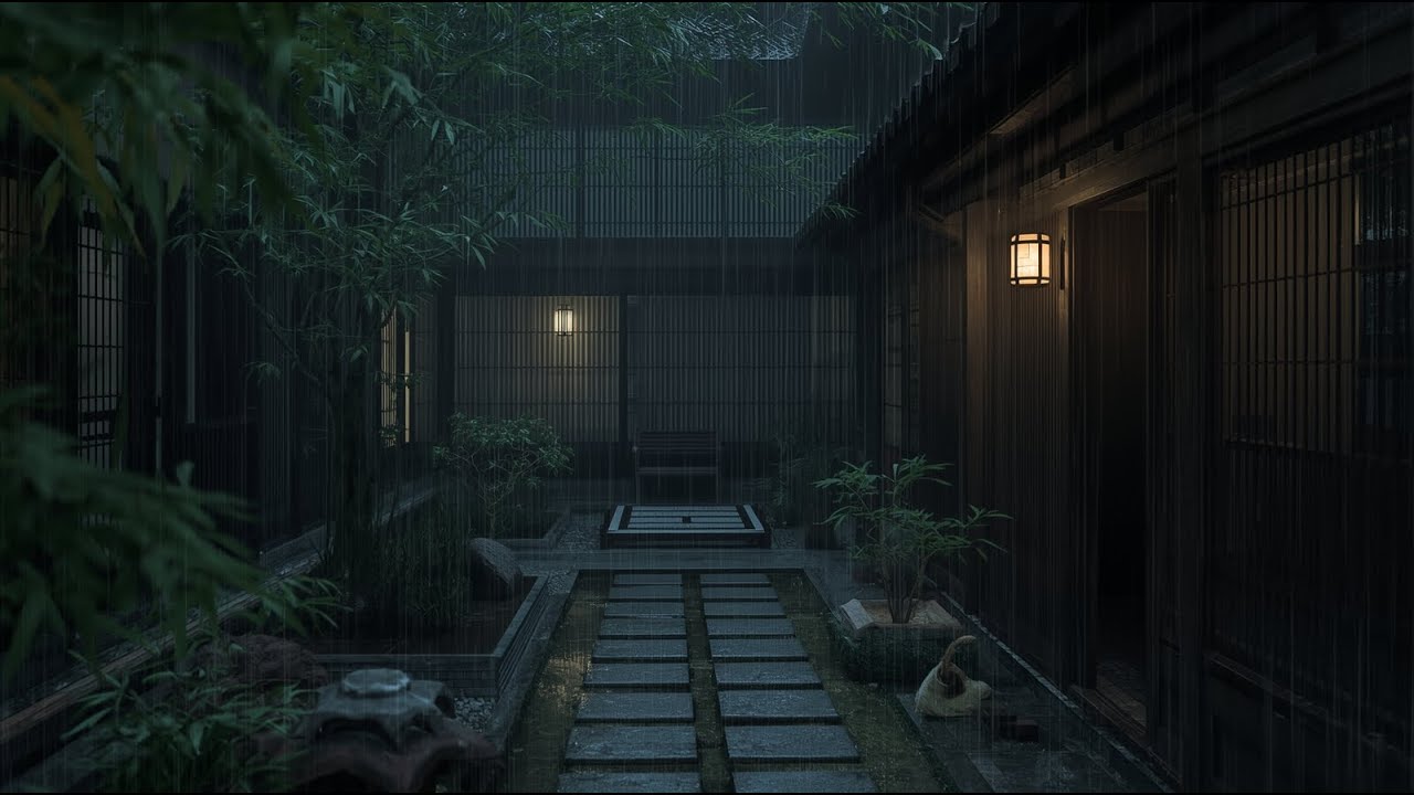 Rain Sounds for Sleep | Rain on a Japanese Courtyard at Night (2 Hours)