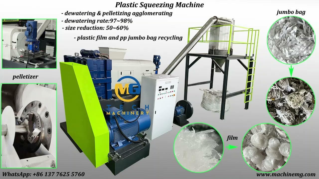 Efficient plastic squeezer machine for dewatering granulating plastic film woven bags labels