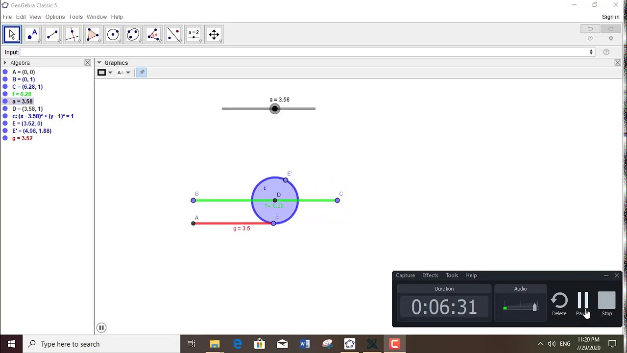The concept of circumference in a circle using geogebra