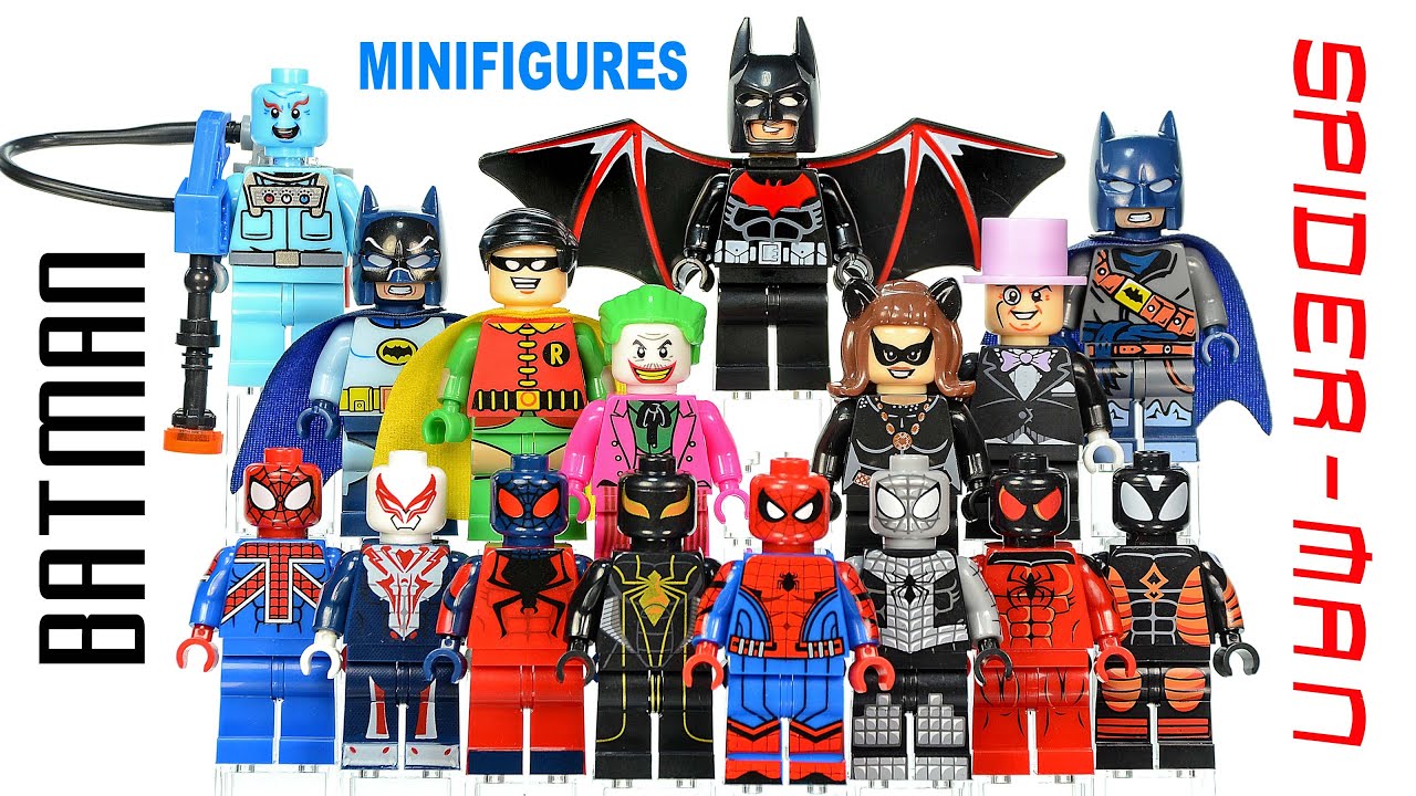 Batman & Spider-Man plus Buildable Giant Spider Unofficial Lego Minifigures w/ Robin & Joker