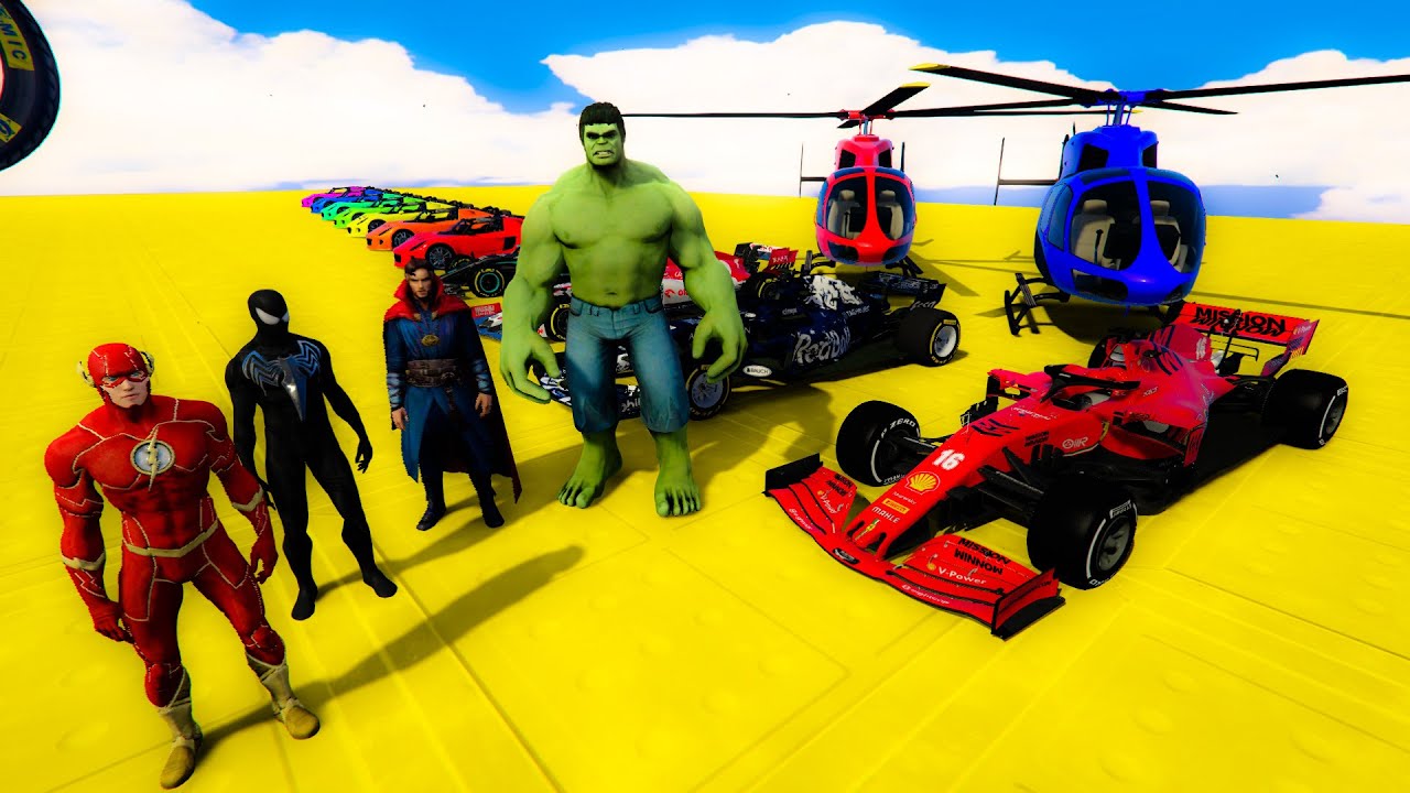 GTA V Stunt Map Race with spiderman ironman batman superman ! epic games super heroes and cars here!