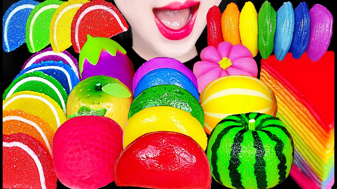 ASMR Sweet Bean Cake Mochi Rice Cake Rainbow Crepe Cake 과일 화과자 모찌 크레이프 케이크 먹방 Mukbang, Eating