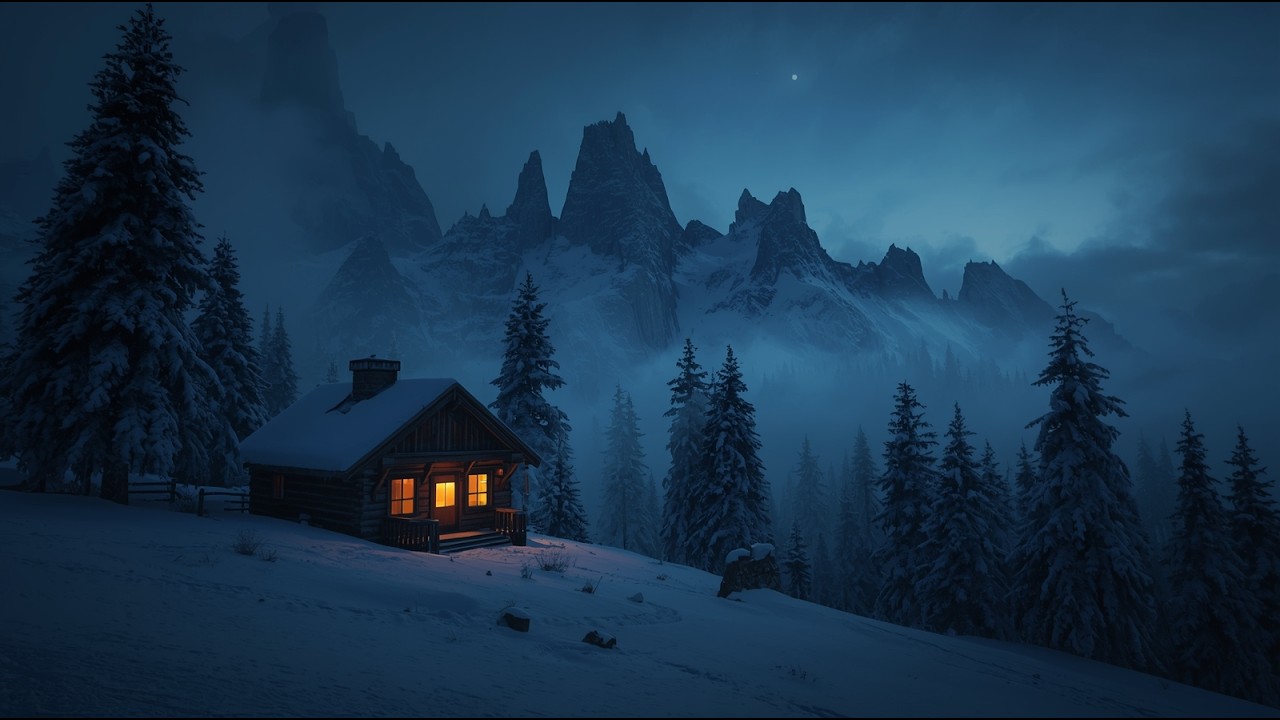 A Long Winter Night ❄️ Fireplace Crackling, Howling Wind & Falling Snow