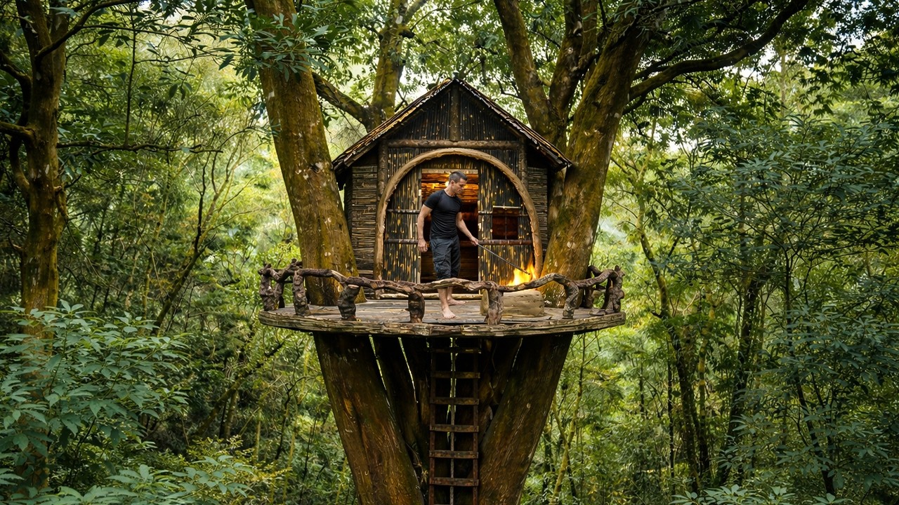 Build a Shelter to Avoid Wild Boars. Bushcraft Treehouse, Survival in the Forest