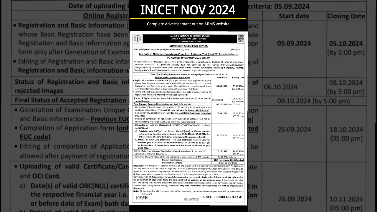 INICET NOVEMBER ki complete Advertisement aachuki hai AIIMS k website pe dates check karlena sabhi 😊