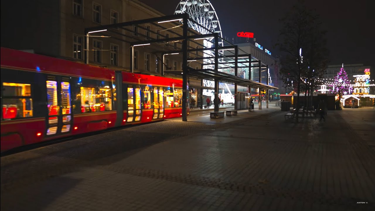Poland, Katowice, tram 46 night ride from Rynek to Plac Miarki