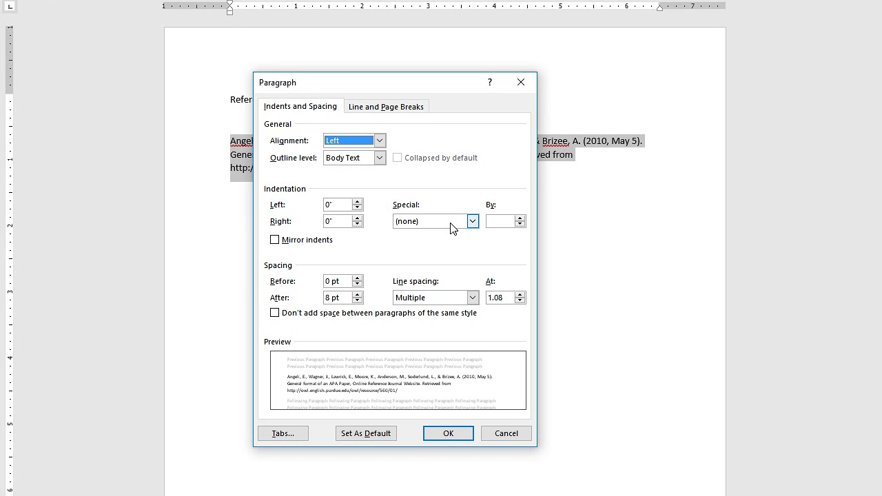 Hanging Indent Microsoft Word 2016