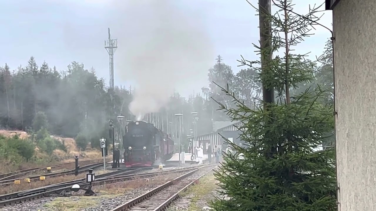 HSB narrow gauge: 2-10-2T steam locomotive & train departs Schierke, Germany to Brocken on 7-30-2022