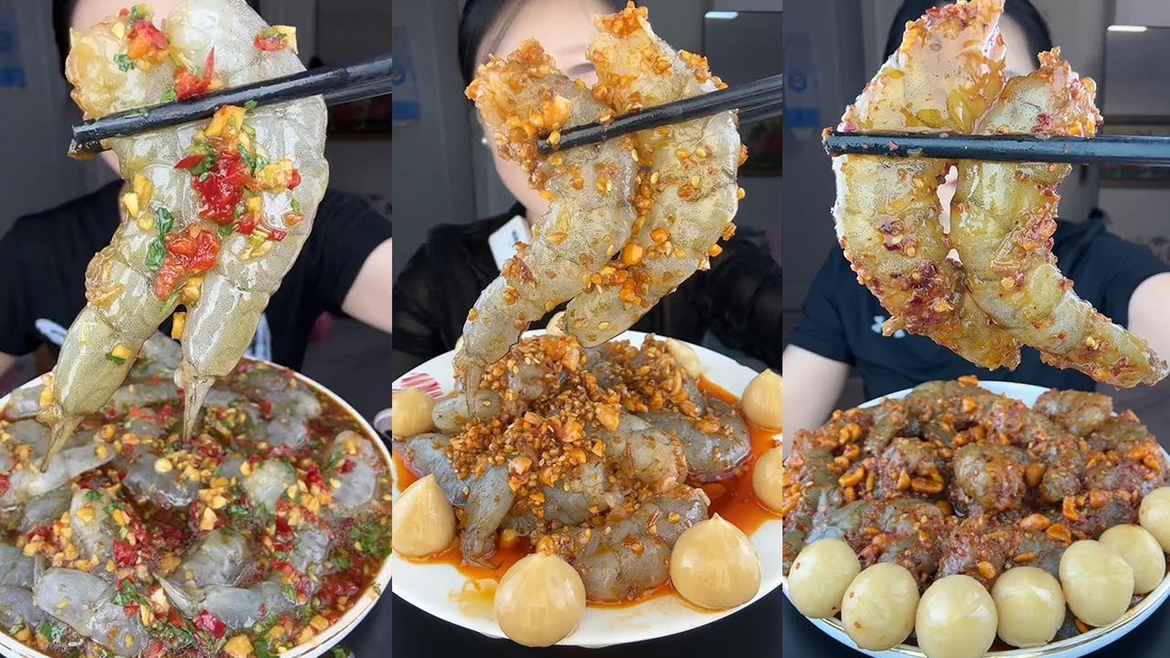 【Yummy】Eating show：Shrimp with sauce and spicy sauce🦐🧄🍋🌶#mukbang#Seafood#sashimi#asmr