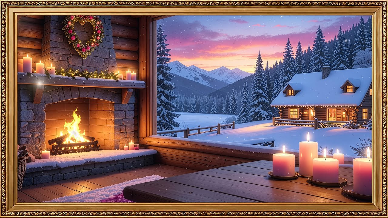 4K Framed TV Art: Cozy Winter Cabin Fireplace at Dusk | Warm Candlelight Ambience