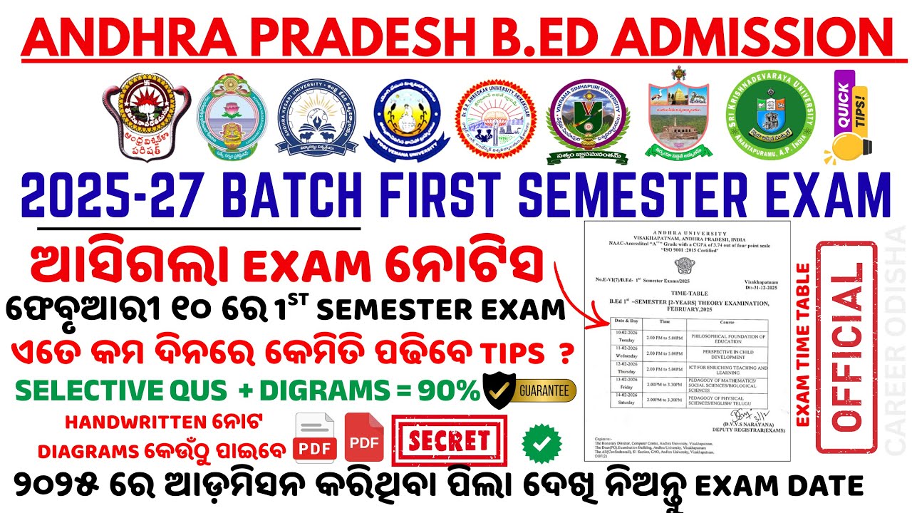 ଆସିଗଲା Andhra B.Ed 1st Semester Exam Date | AP B.Ed First Semester Exam Time Table 2026 #andhrabed 
