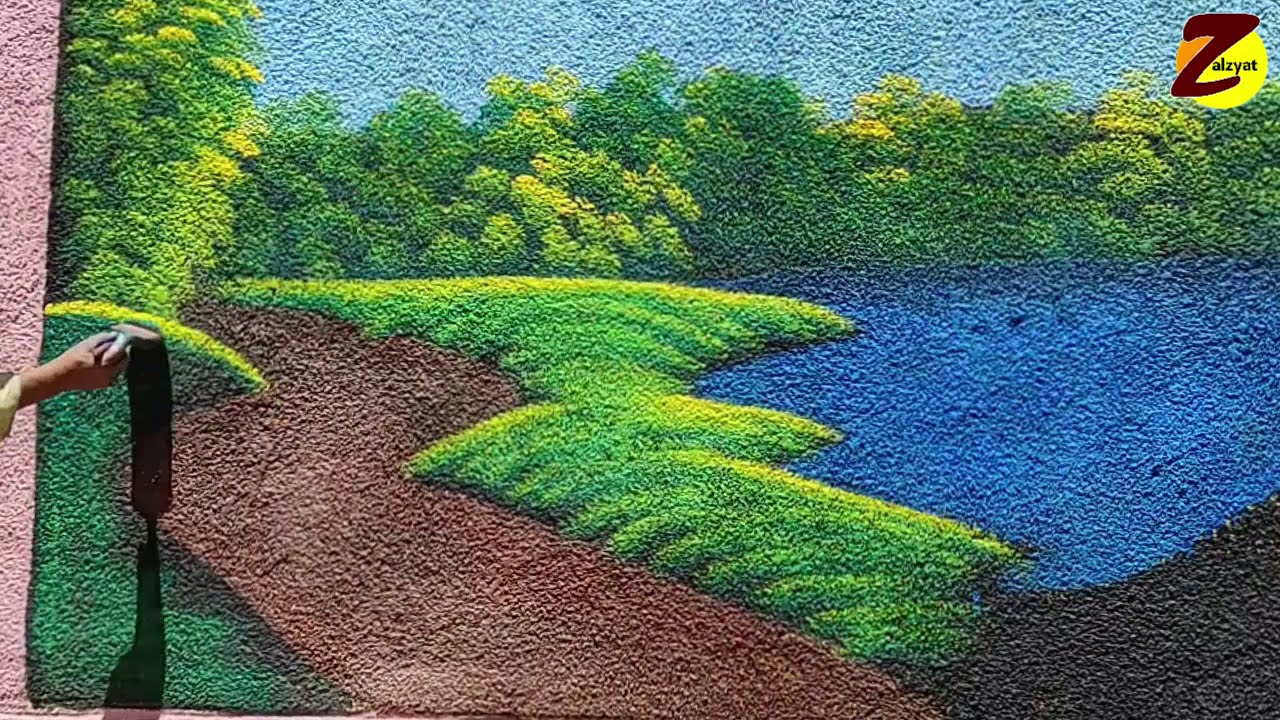 رسم منظر طبيعى على السريع على جدار مدرسة خشن