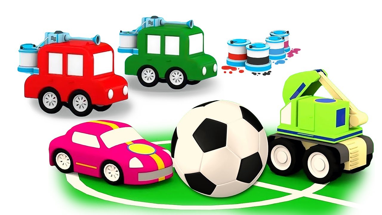 4 petites voitures. Dessins animés pour bébés sur les jeux: paint-ball, football, frisbee, etc.
