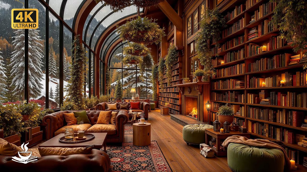 Soft Jazz for Reading Books in a Winter Library | Snowy Window Views, Cozy Shelves & Calm Bookish