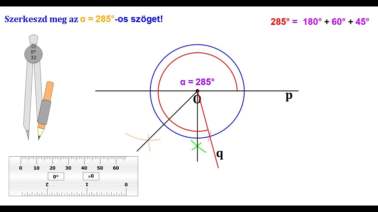 285°-OS SZÖG SZERKESZTÉSE (180°+ 60° + 45° MÓDSZERREL)