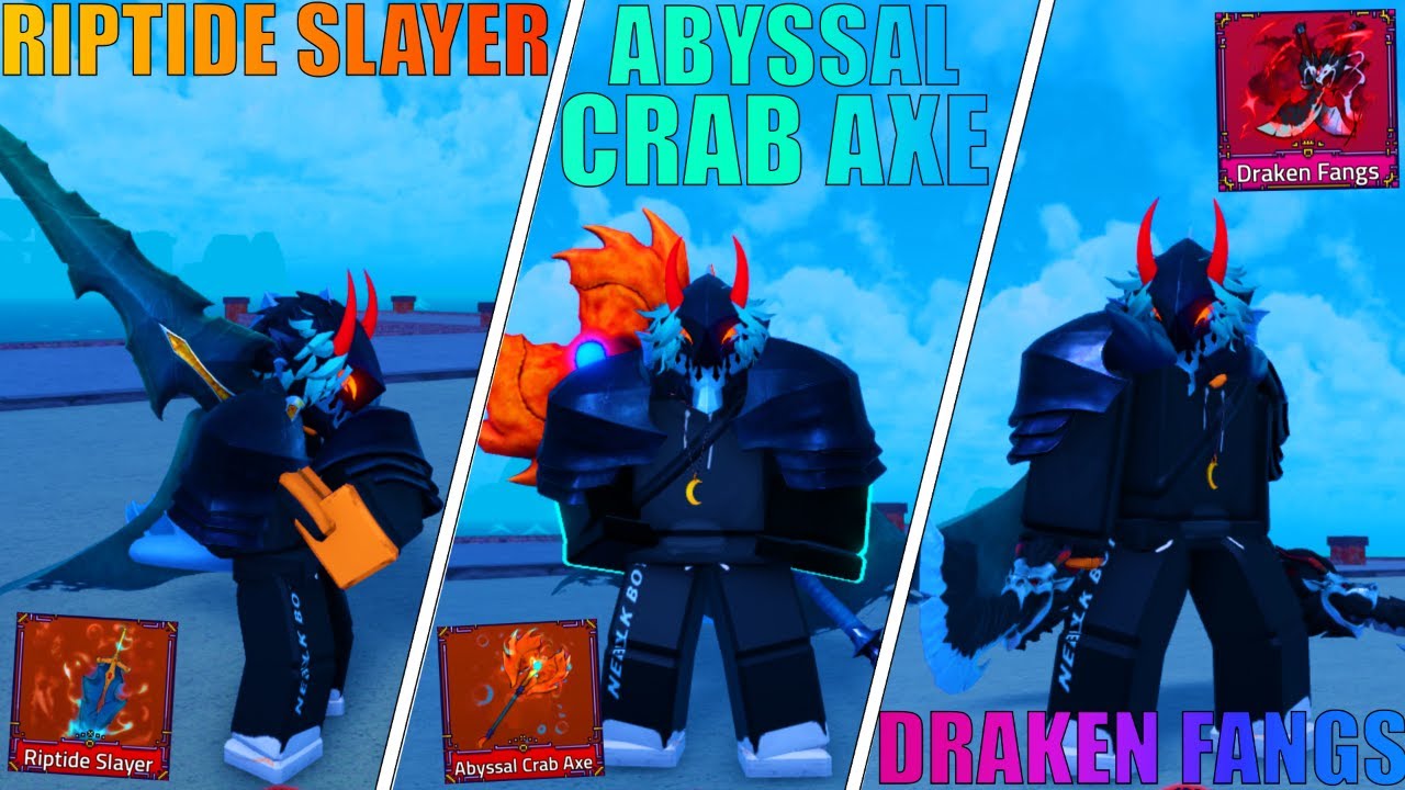 COMO PEGAR + SHOWCASE DAS 3 NOVAS ESPADAS! (CRAB AXE) (DRAKEN FANGS) (RIPTIDE SLAYER) KING LEGACY