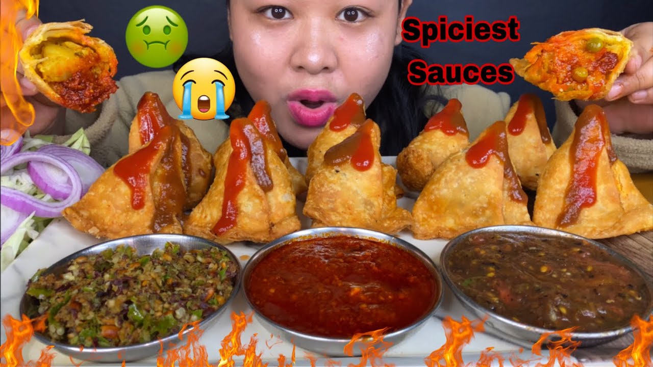 3 DIFFERENT CHILLI SAUCES & 10 ALOO SAMOSA MUKBANG | LITERALLY I CRIED THIS TIME 😅SAMOSA CHALLENGE