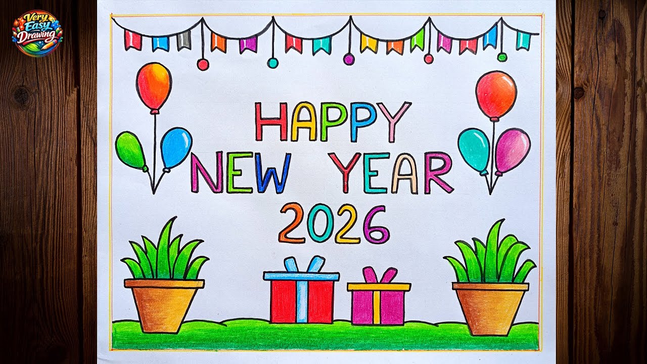 Happy New Year Drawing Easy | Happy New Year 2026 Drawing | New Year Drawing | New Year Card Making