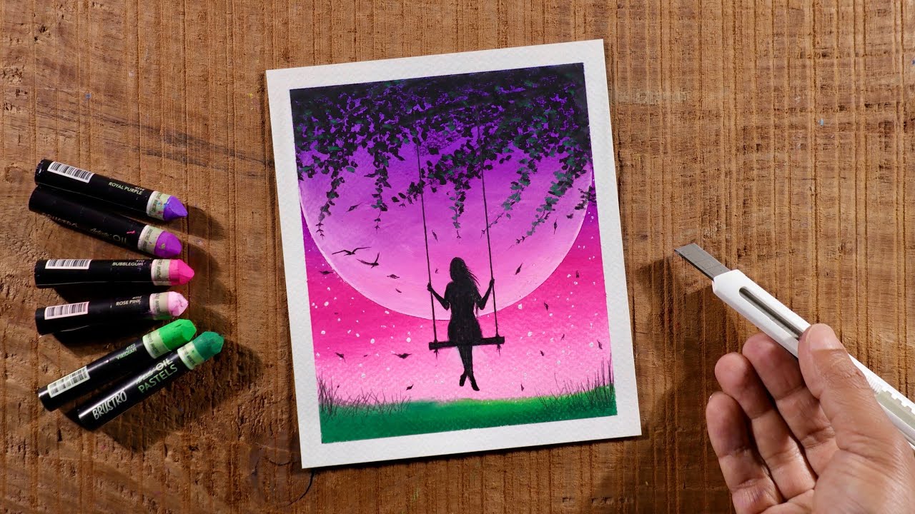 Easy Drawing for Beginners / A Girl on Swing under Moon / Step by Step