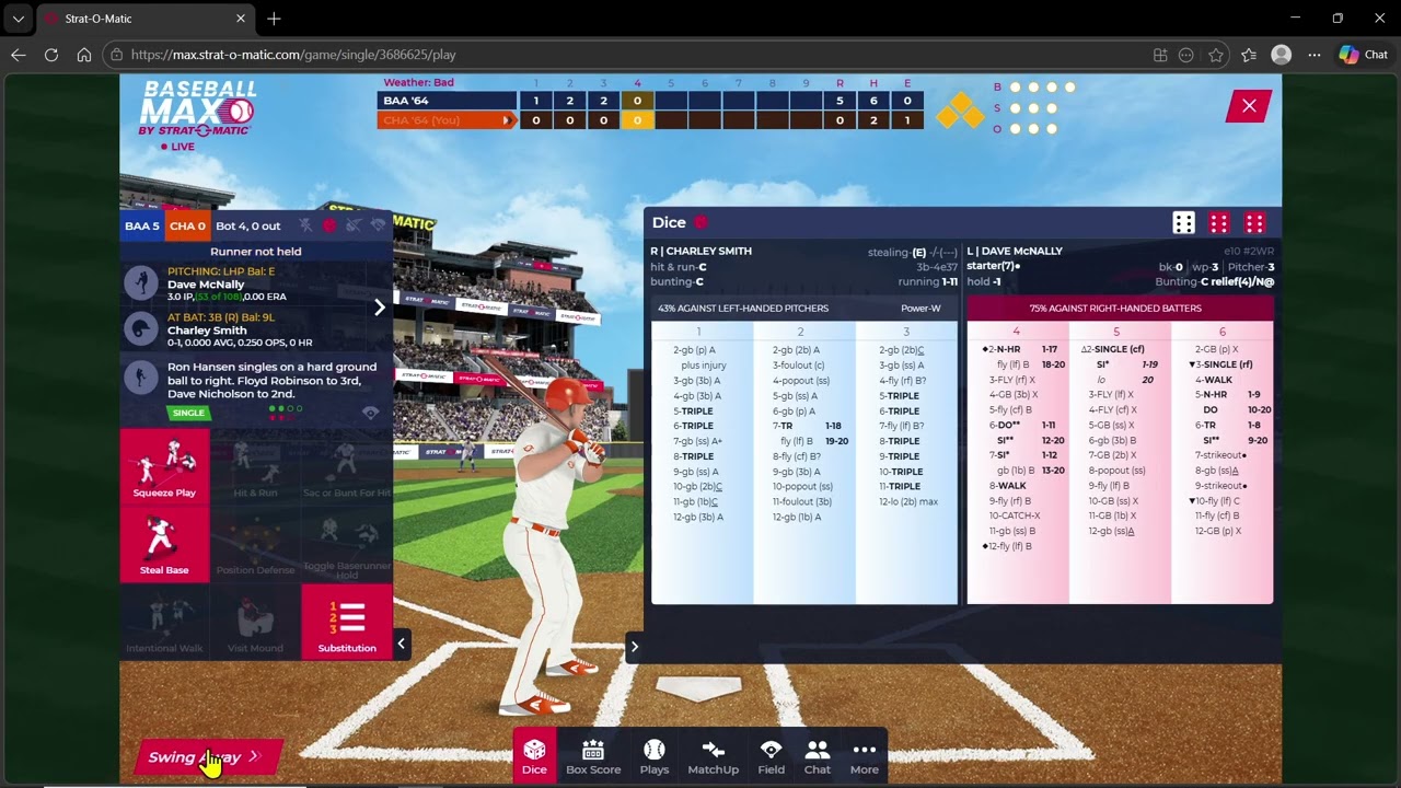 Baseball Max by Strat-O-Matic 1964 White Sox (1-0) vs Baltimore/Unbelievable Game