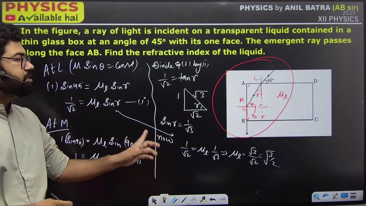 In the figure, a ray of light is incident on a transparent liquid contained in a thin glass