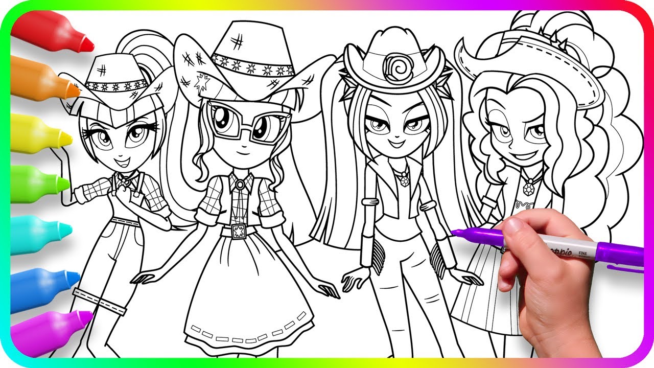 Coloring Pages EQUESTRIA GIRLS - Twilight and Dazzling Cowgirls. How to color My Little Pony. MLP