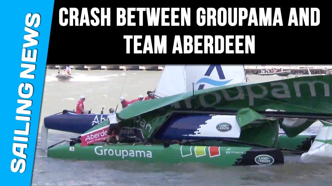Incredible collision between Aberdeen and  Groupama - Extreme Sailing Series - Singapore