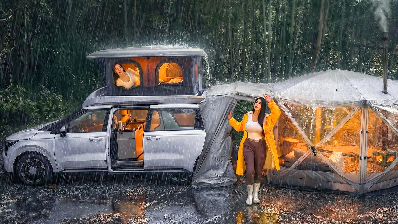 ☔️HEAVY RAIN CAMPING IN A CAMPER VAN DEEP IN THE FOREST