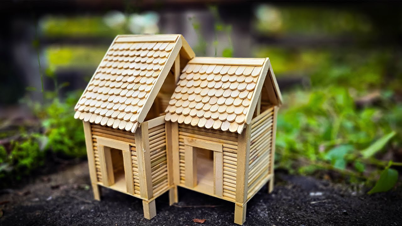 DIY Twin Mini Village Houses with Shingled Roofs from Popsicle Sticks – The Cutest Pair Ever 32 Min