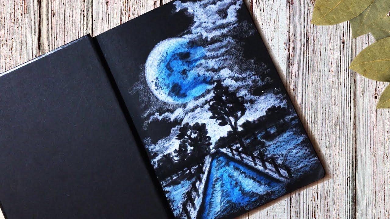 Drawing Moonlight Scenery With Oil Pastel and White Pastel Pencil on Black Paper