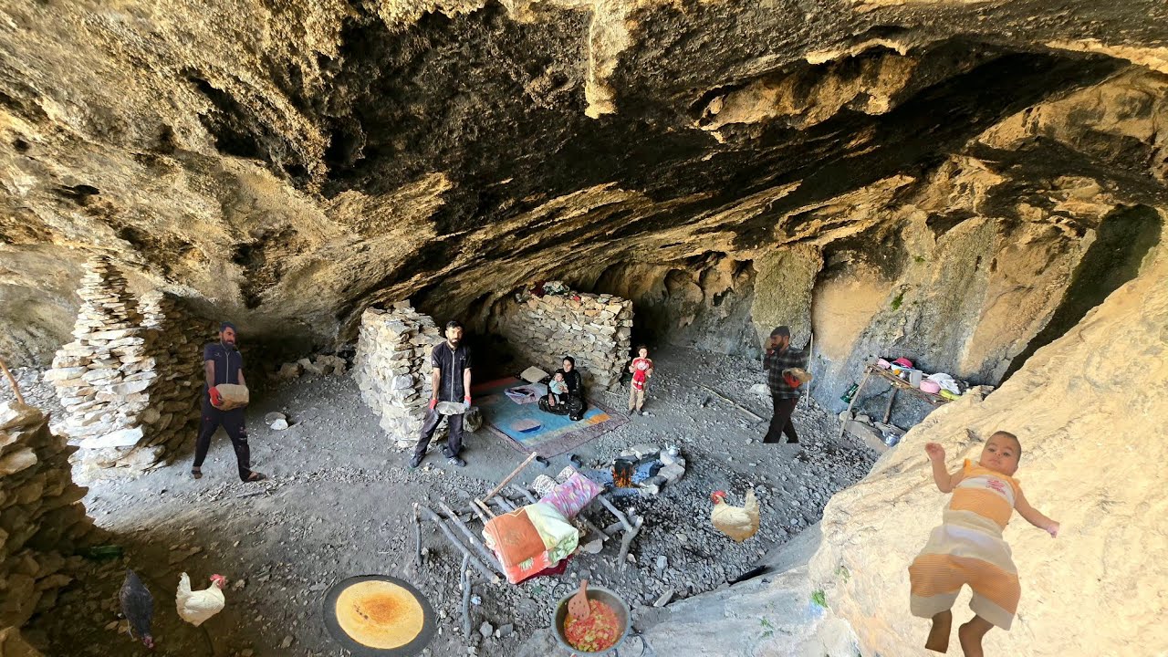 Real Nomadic Cave Life in Iran&rsquo;s Zagros Mountains|Building a Stone Shelter &Baking Traditional Bread