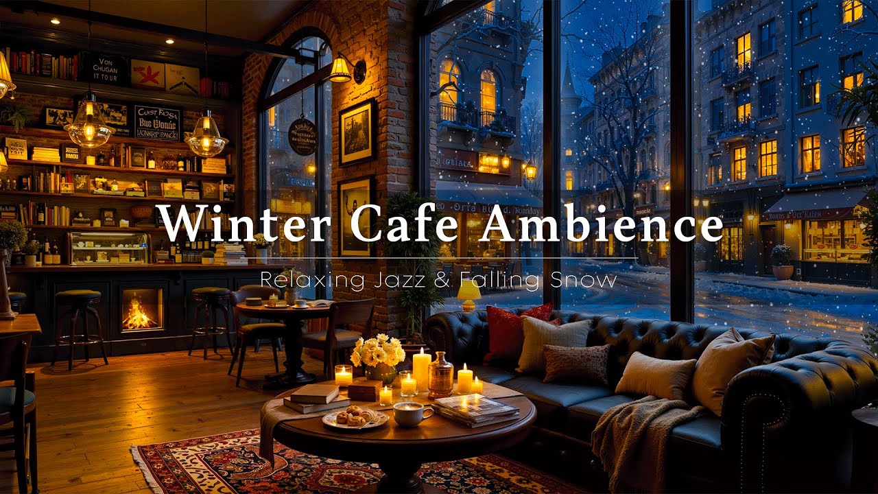 Warm Jazz Instrumental & Snowfall at Winter Coffee Shop Ambience ☕ Smooth Piano Jazz Music for Relax