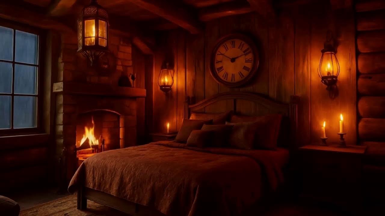 Welcome to your cozy log cabin bedroom on a stormy night. 🌲🌧