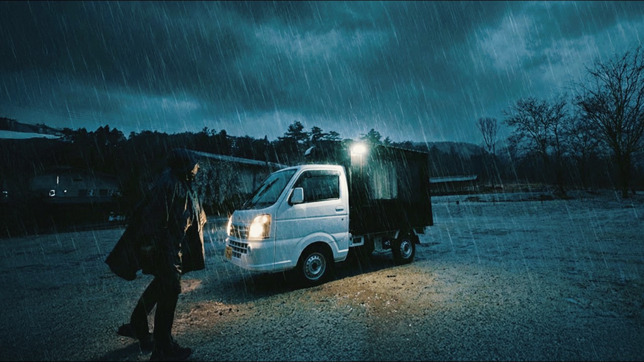 Автомобильный кемпинг. Небольшой пикап во время сильного дождя